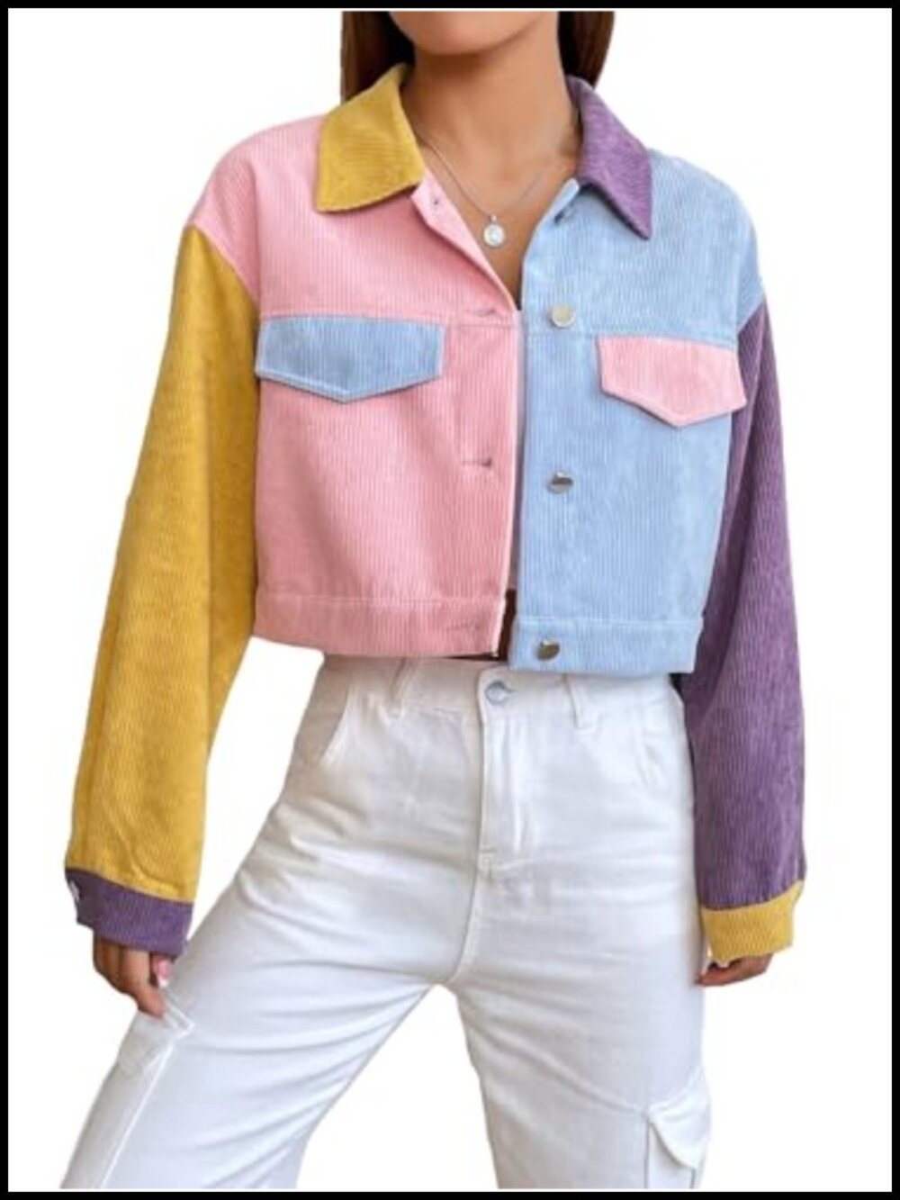 Colorblock Cropped Corduroy Jacket Button Down Drop Shoulder Long Sleeve
